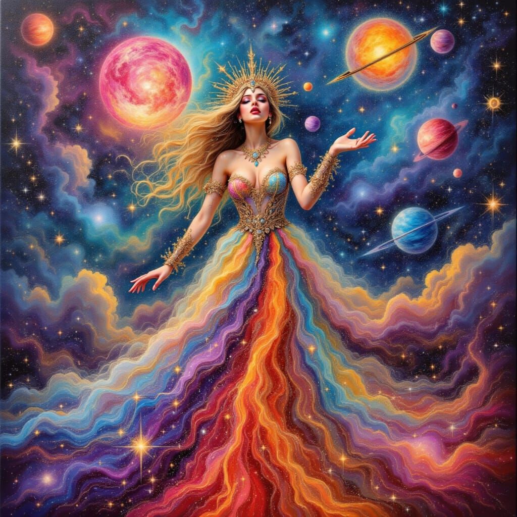 Celestial Goddess Juggling Planets in Cosmic Void