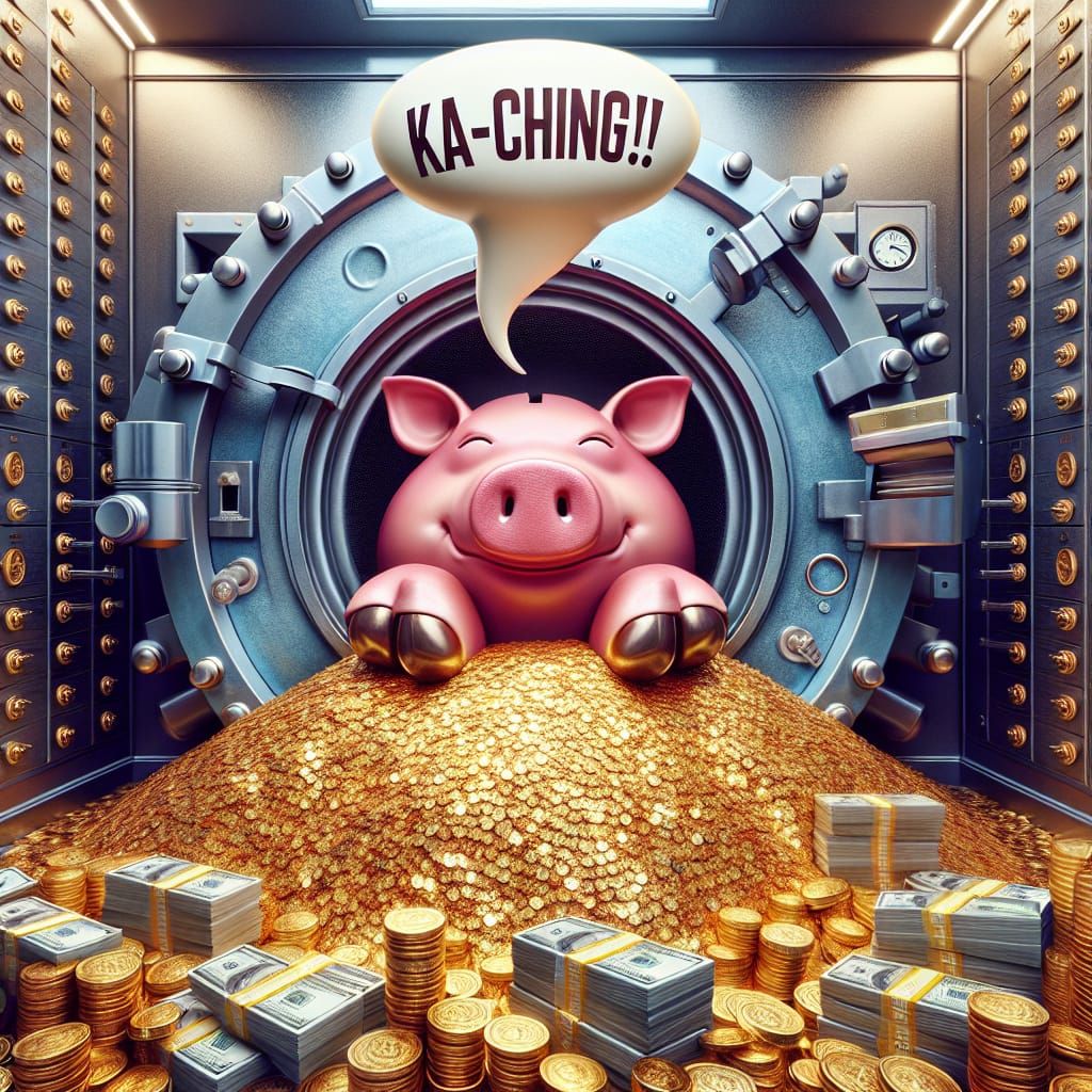 Piggy Bank on a Pile of Cash in Bank Vault