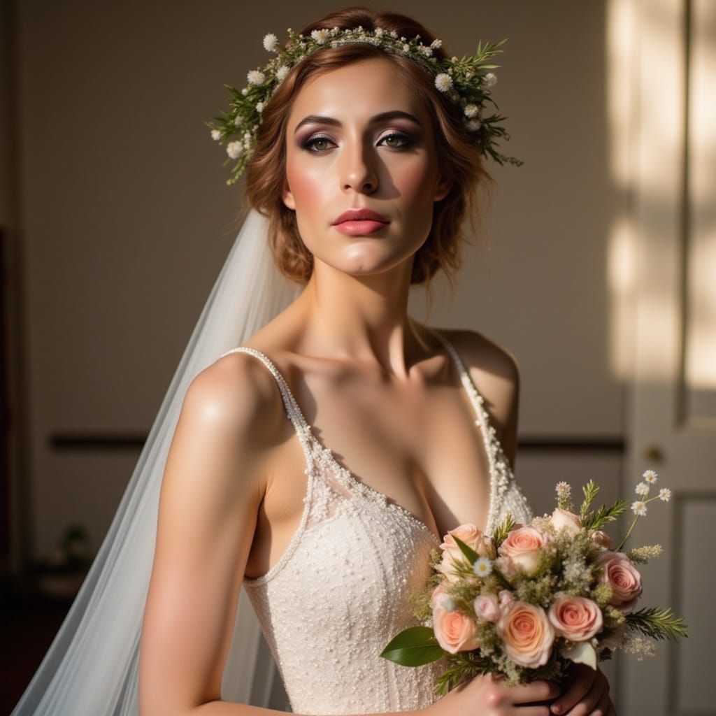 Radiant Bride in Elegant Gown, Realistic Portrait