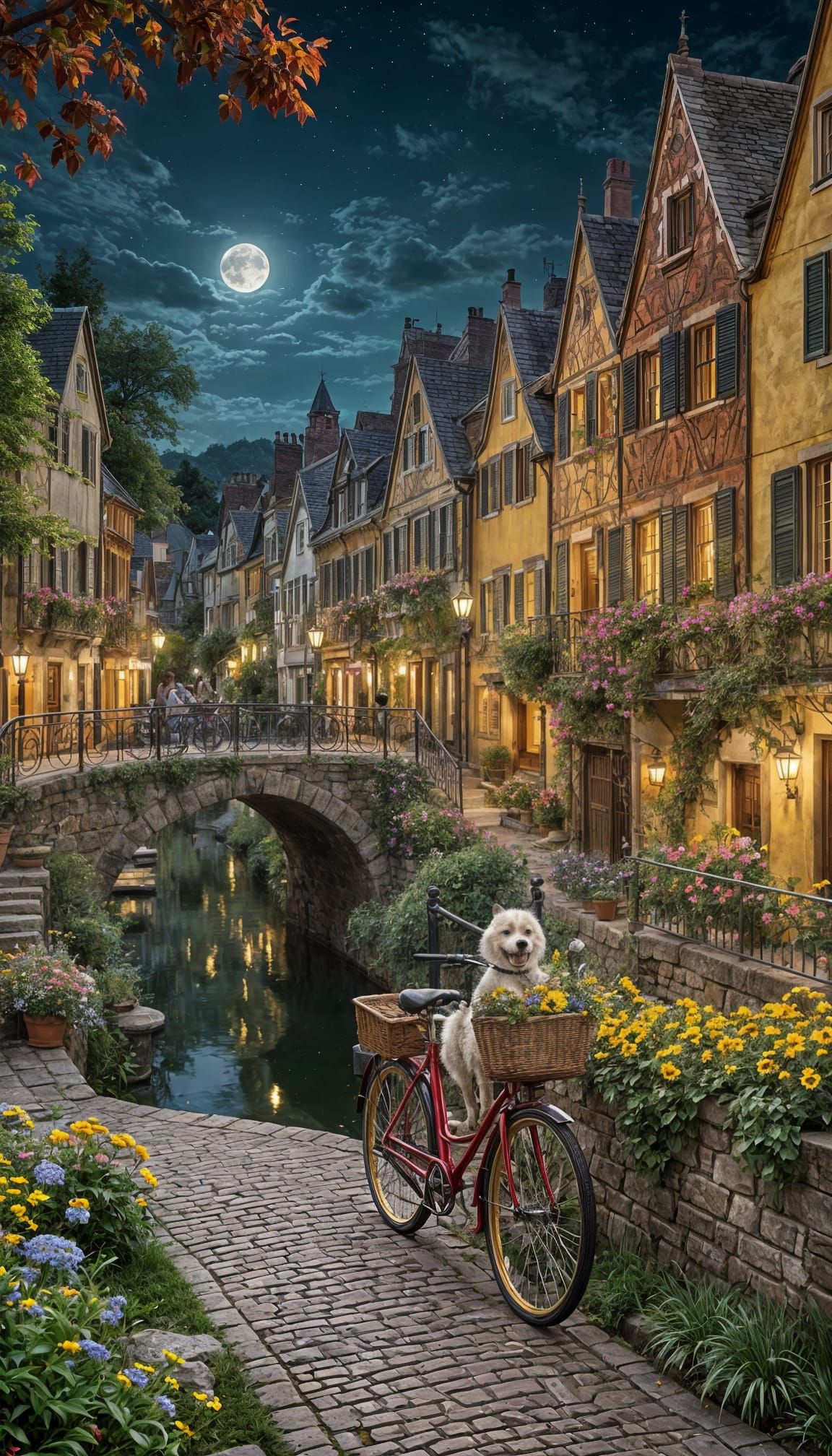 Surreal Village Scene Under Full Moon Illumination in Whimsi...