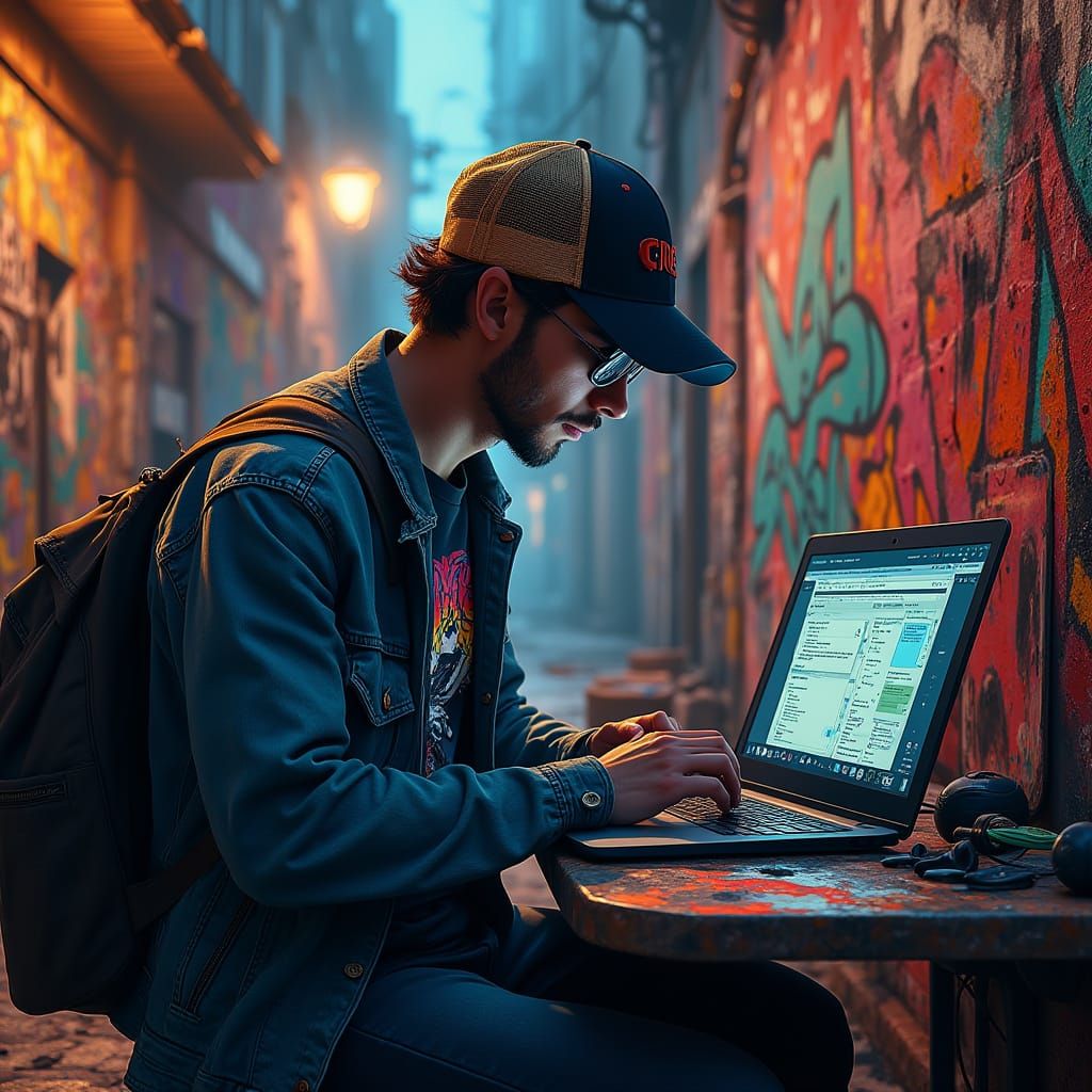 Programmer in Faded Denim Jacket Works on Laptop in Urban Al...