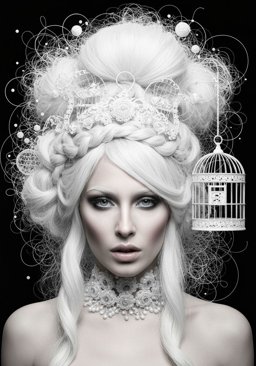 Psychedelic White-Hair Portrait with Birdcage