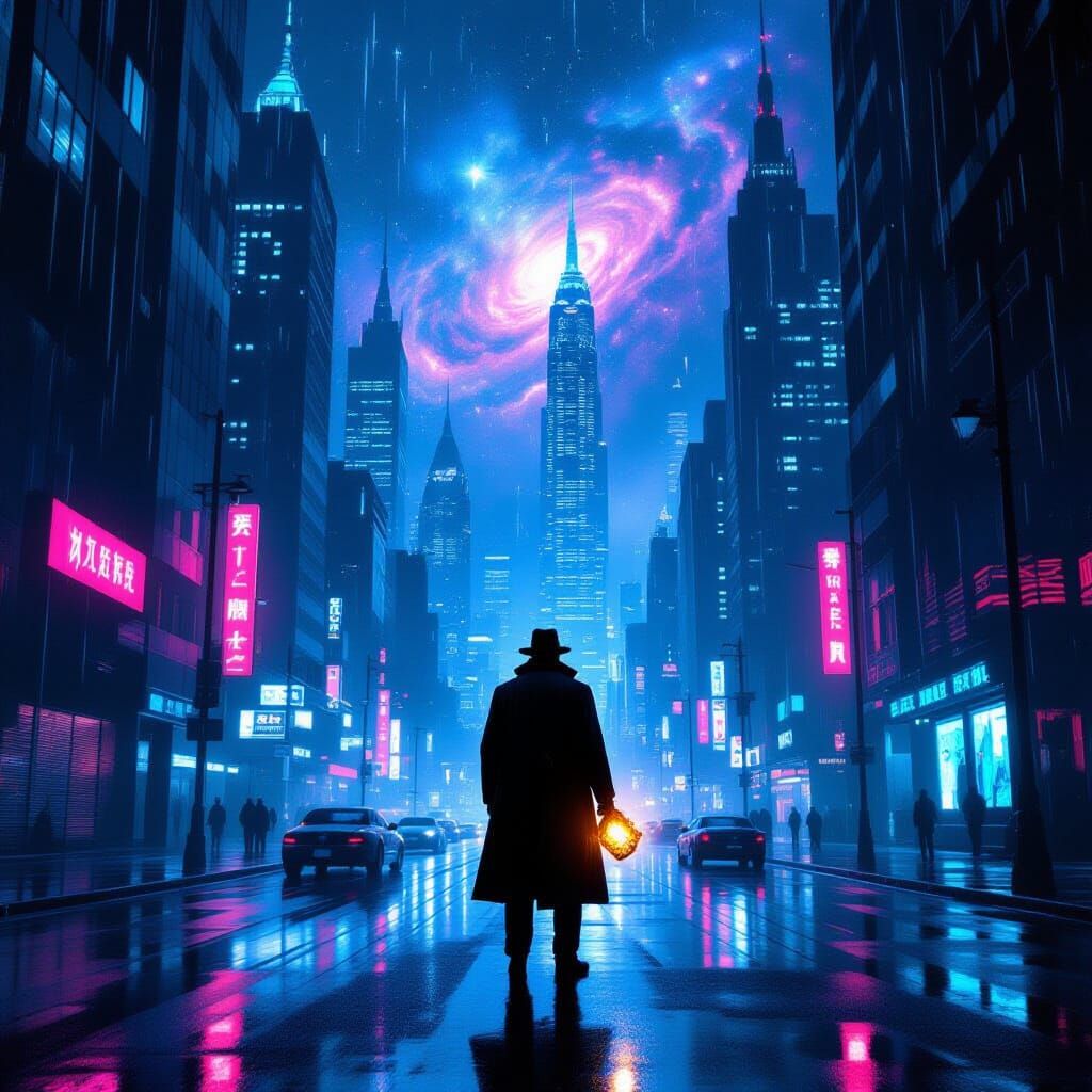 Detective on Neon Street Under Cosmic Sky