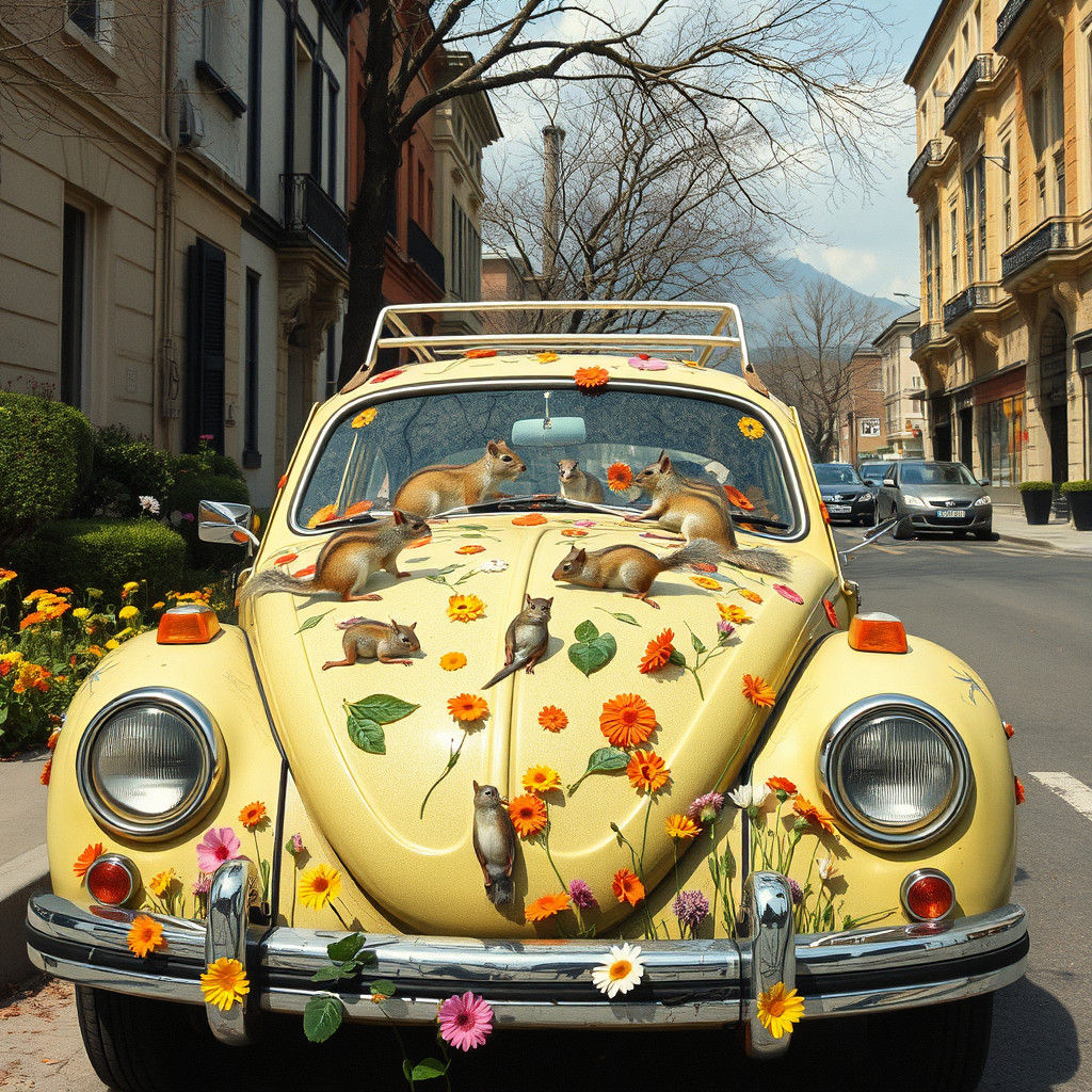 Squirrel-Covered VW in City Street, Whimsical Art