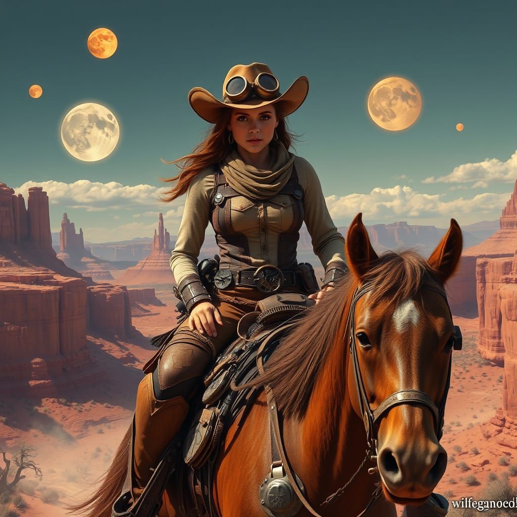 Steampunk Cowgirl Rides Cybernetic Horse in Red Rock Canyon