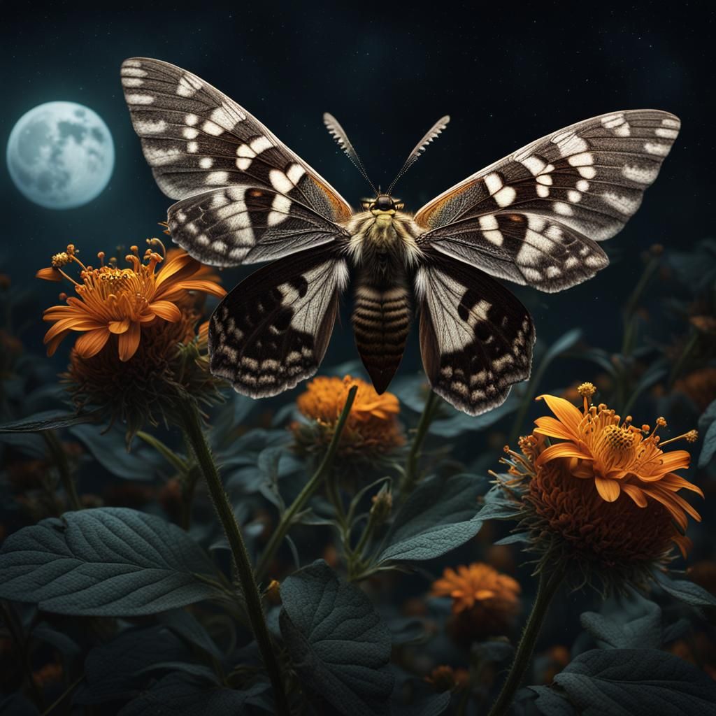 Moth Pollinating Flower at Night