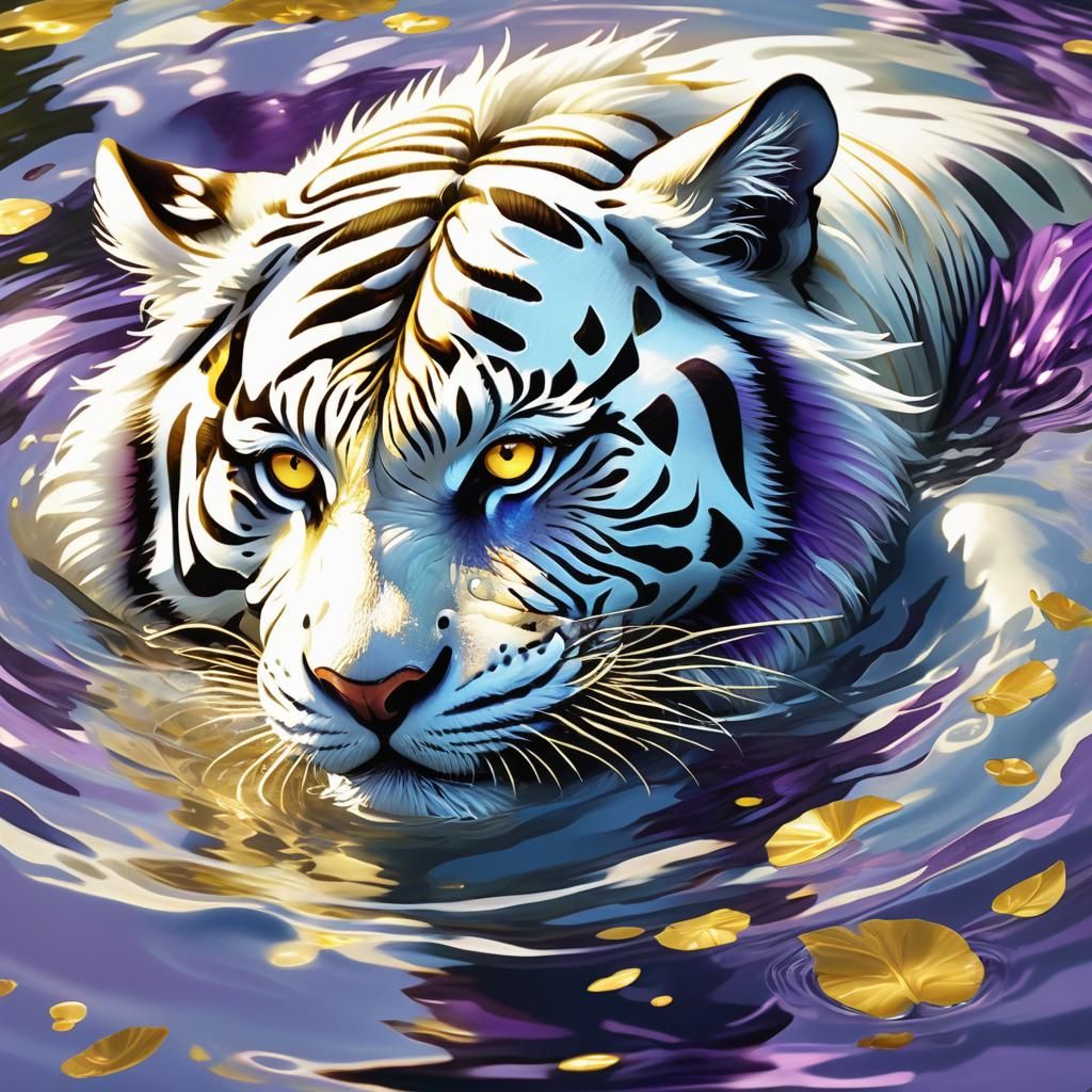 Fierce White Tiger Hunting in Art Deco Style