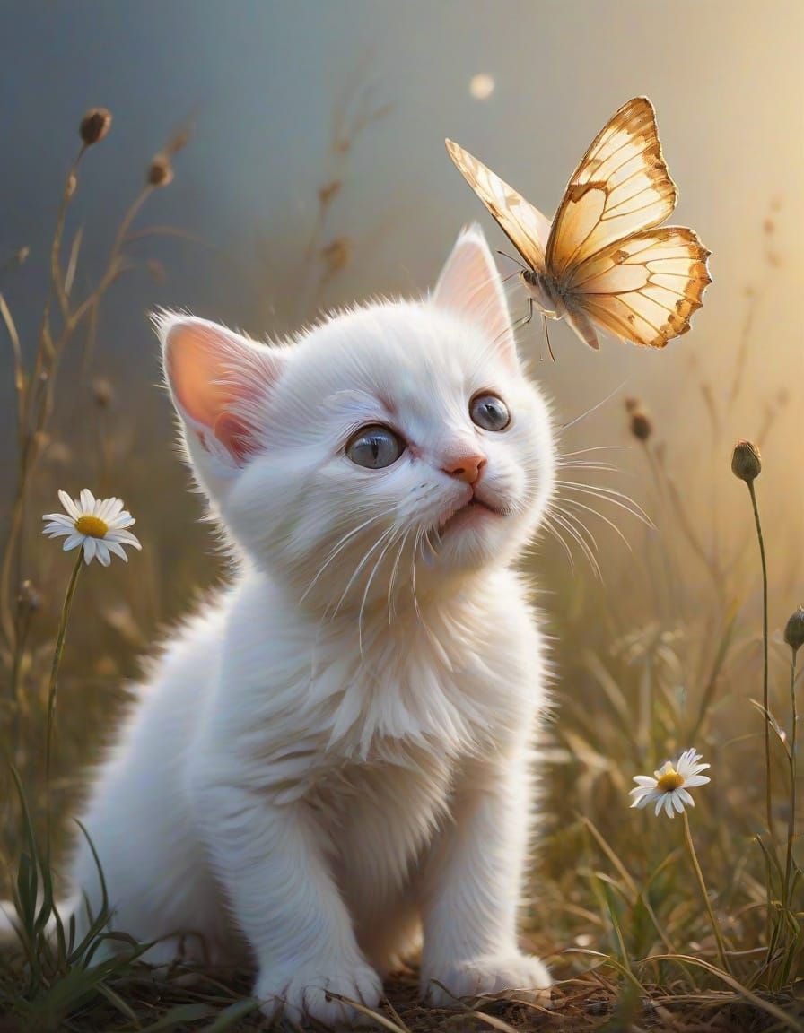 Whimsical White Kitten Discovers Enchanted Butterfly in Drea...