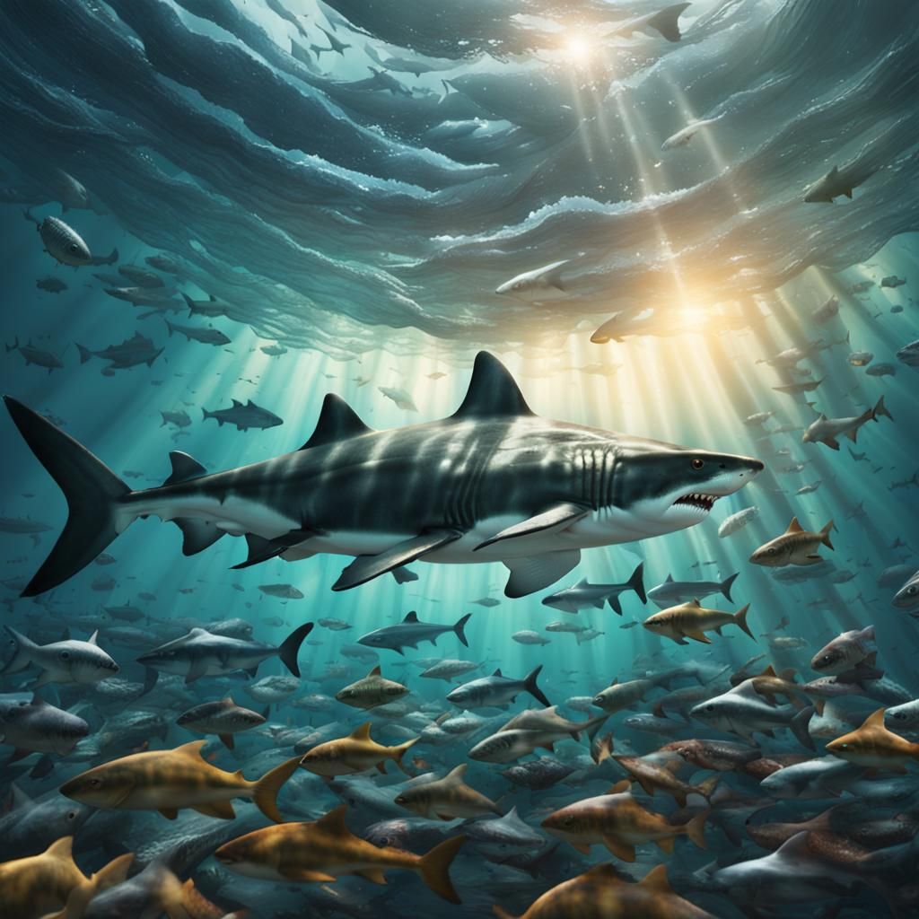 Shark Swimming in Piranha Shoal: Digital Matte Painting