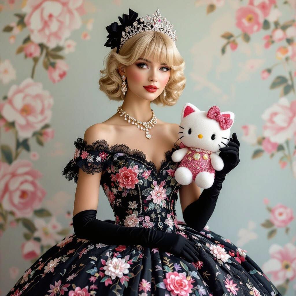 Elegant Woman in Lace Gown with Hello Kitty Details