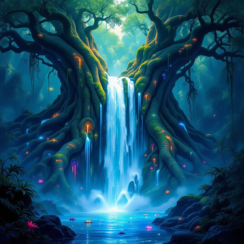 Cyberpunk Waterfall Illuminates Ancient Forest City