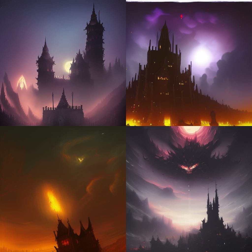Dark Fantasy Demon Castle in Night Sky