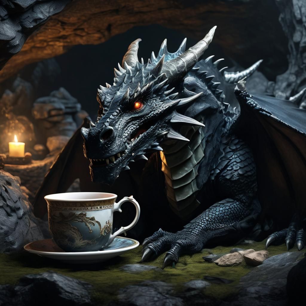 Black Dragon Sipping Tea in Cave, 8K Resolution