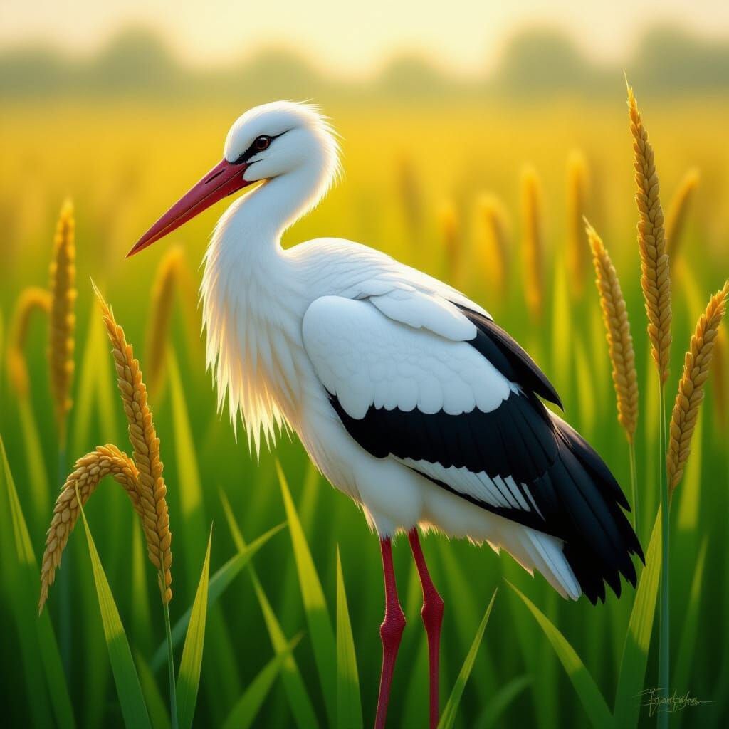 Stork Bird Painting in Paddy Field at Dawn