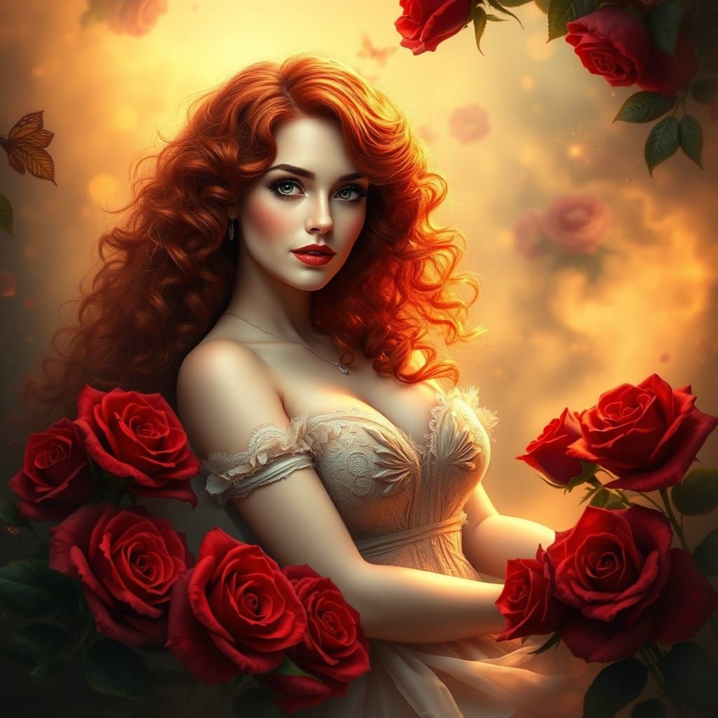 Ethereal Red Beauty Surrounded by Roses in Dreamlike Atmosph...