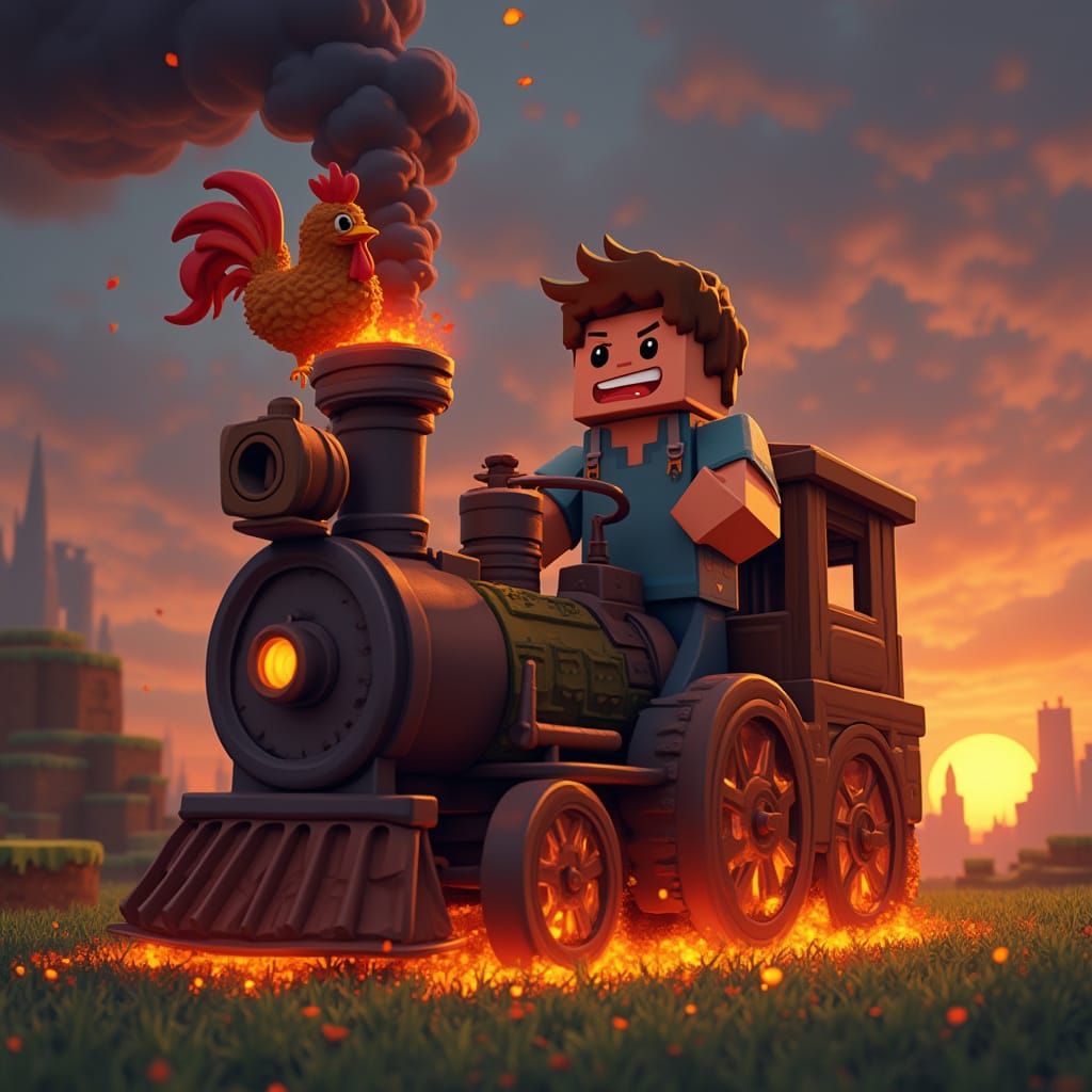 Minecraft Steam Engine with Steve and Lava Chicken