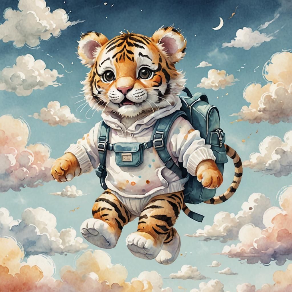 Baby Tiger Floating in Clouds: Watercolor Illustration