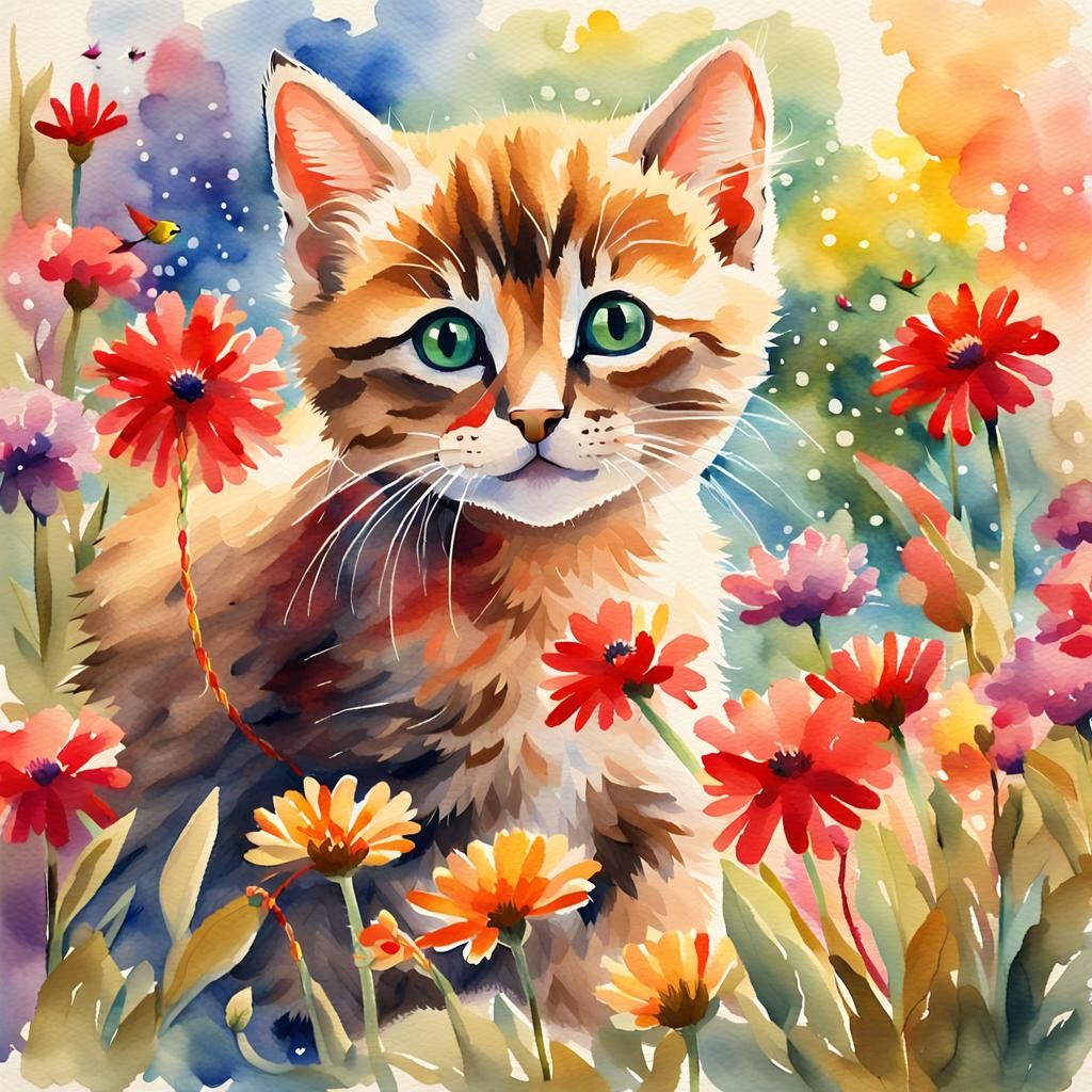 Kitten Playing with String Ball in Watercolor Style