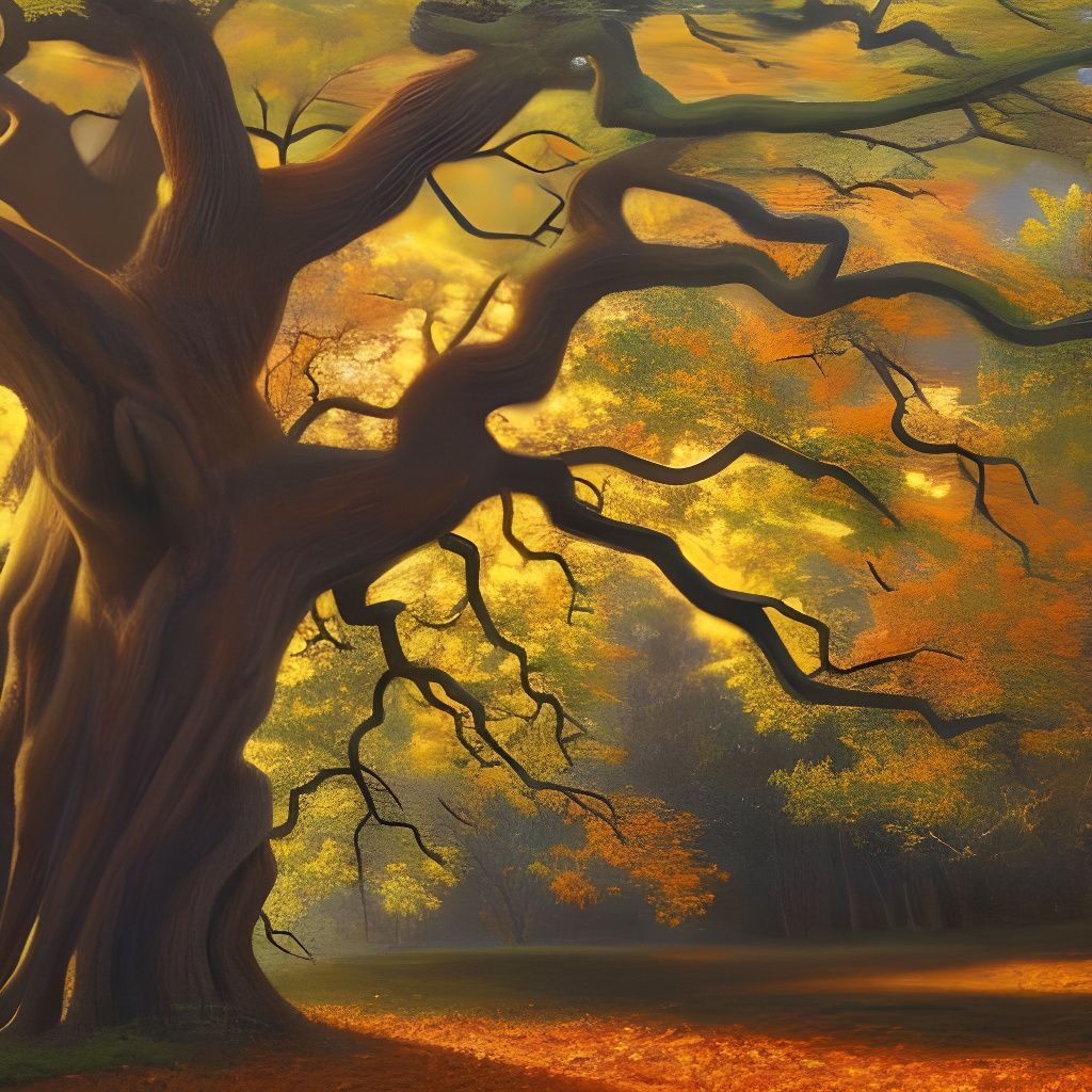 Autumn Oak Tree in Forest, Oil Painting