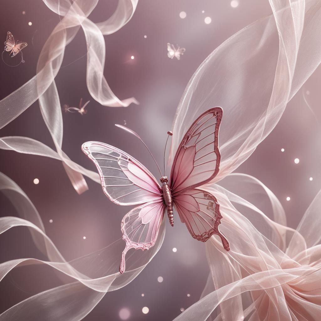 Pink ribbon butterfly sitting at an angle, completely starlight formed, with sheer chiffon ribbons streaming down from t...
