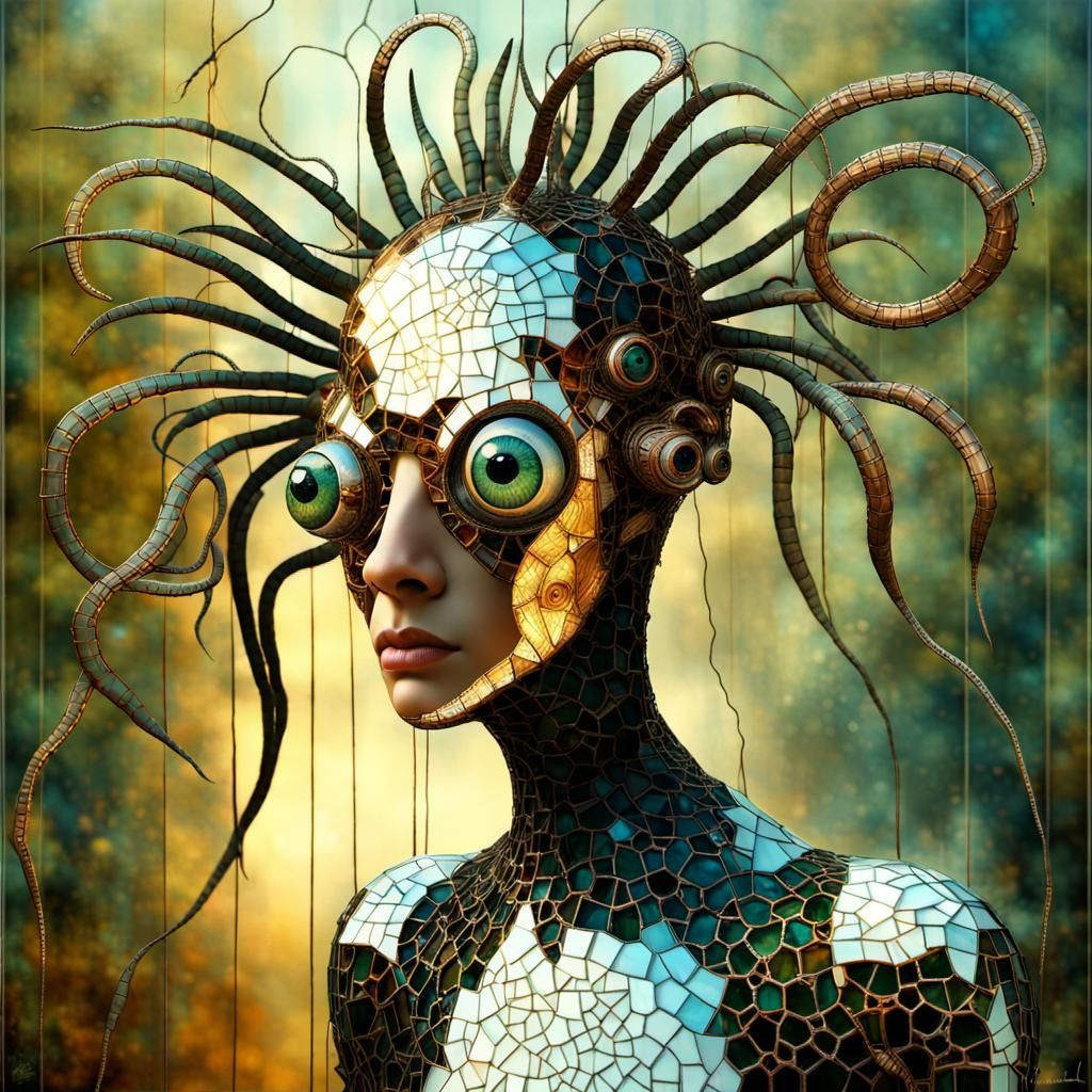 Futuristic Robot Octopus with Forest Creature Reflections