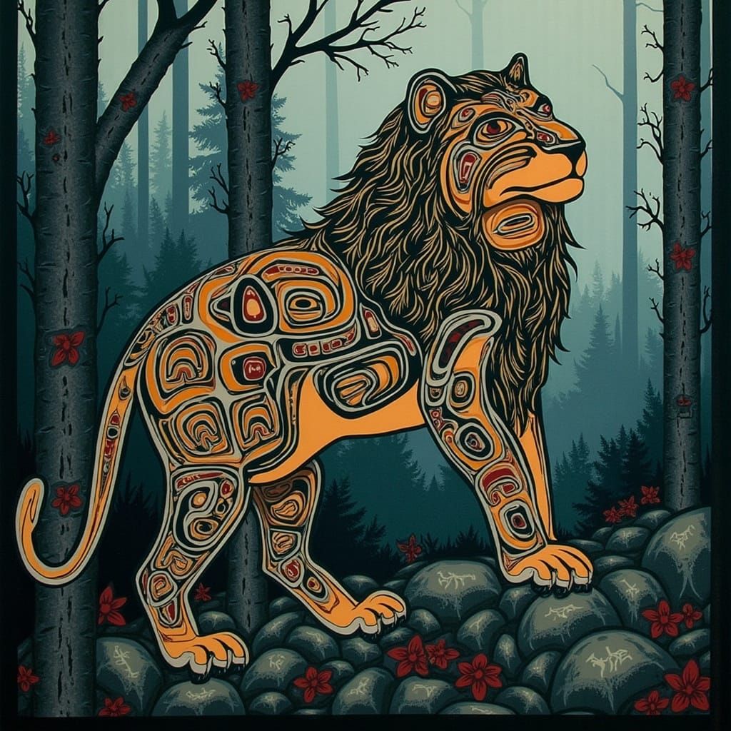 <lora:Haida Style:1.0>  Haida Style picture of a lion