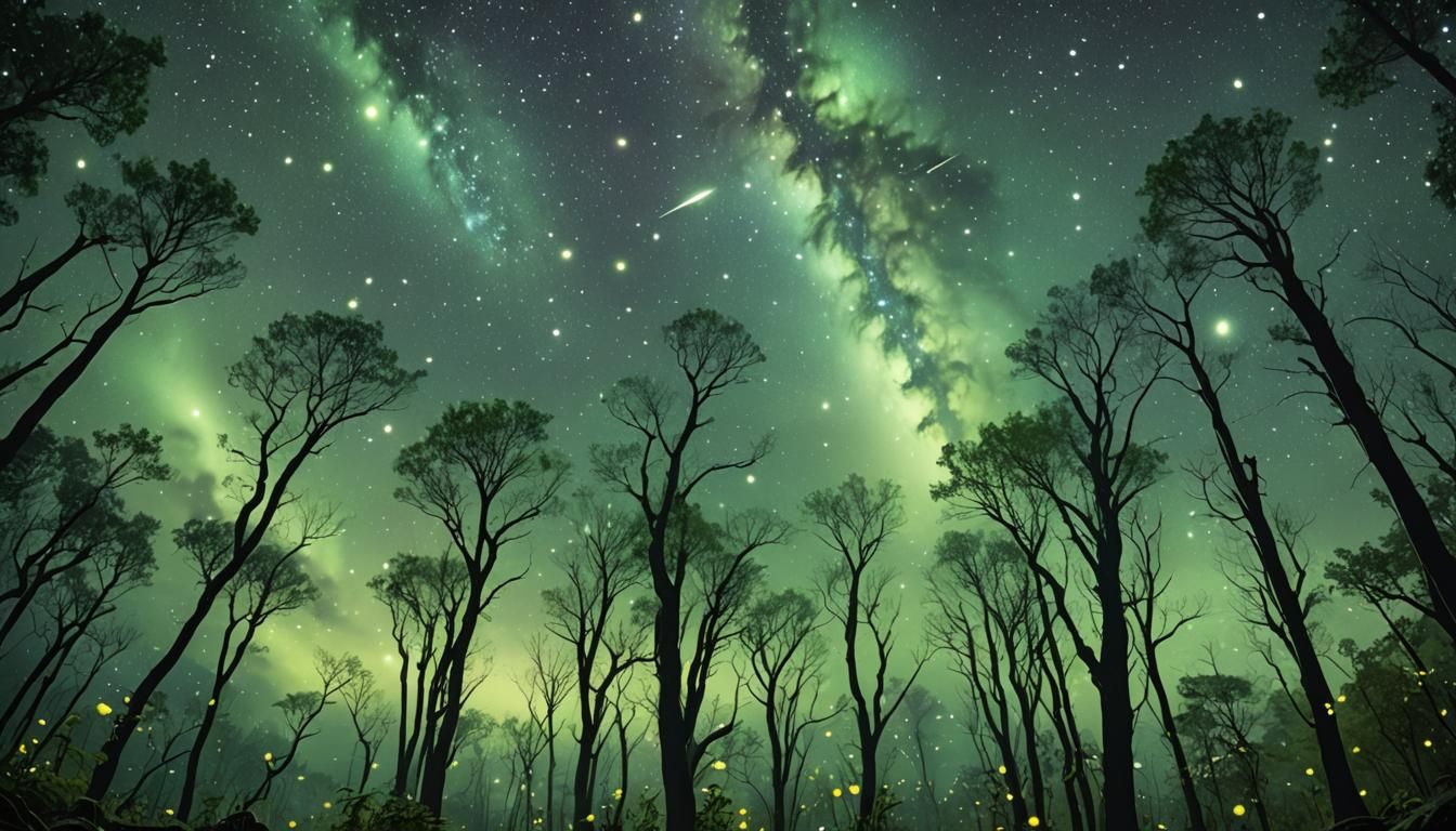 Enchanted Forest with Bioluminescent Fireflies under Starry ...