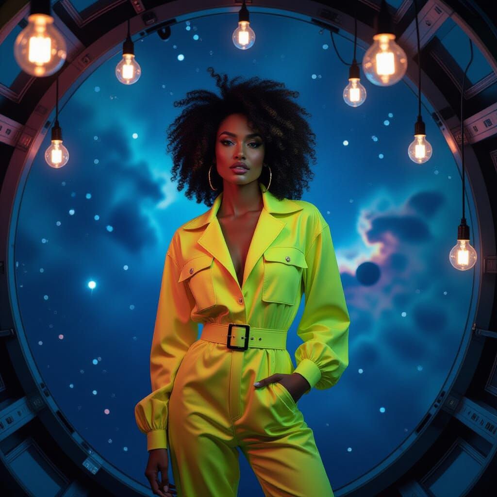 Neon Jumpsuit in Spaceship Cabin: Retro Glamour