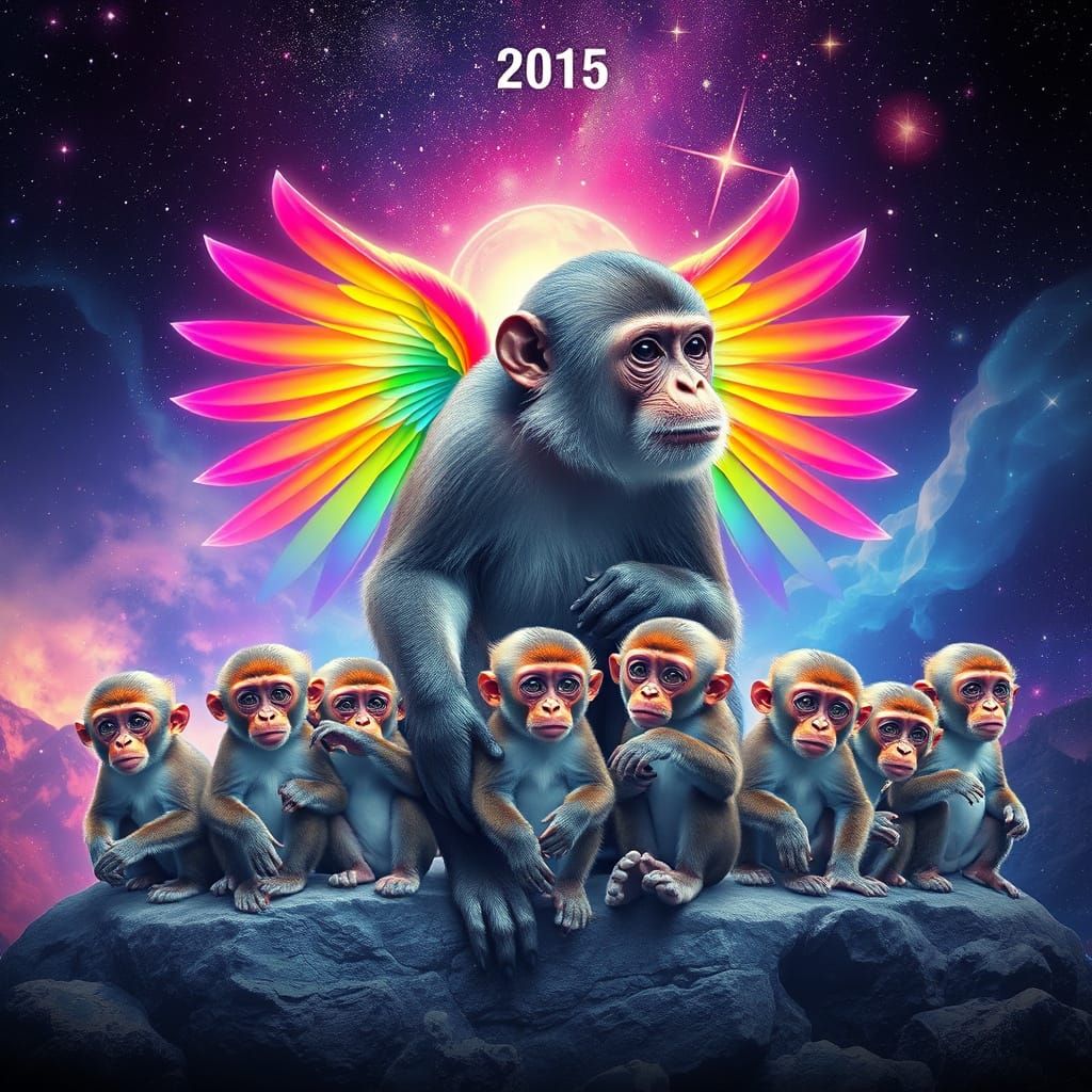 Rainbow-Winged Monkeys: Cosmic Astral Illustration