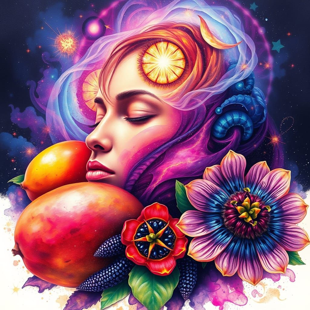 Surreal Cosmic Fruit Portrait in Maximalist Style