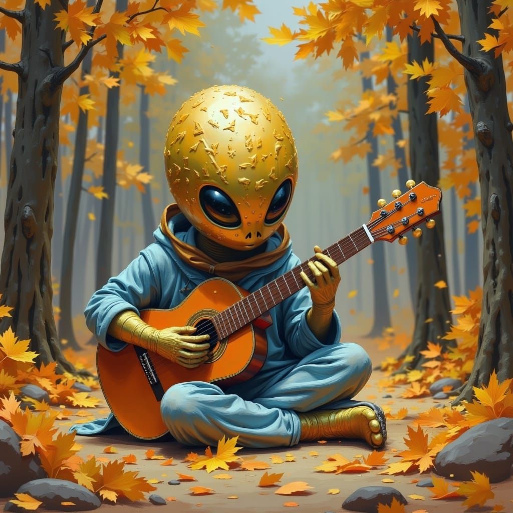 Alien Child Plays Guitar in Autumn Forest