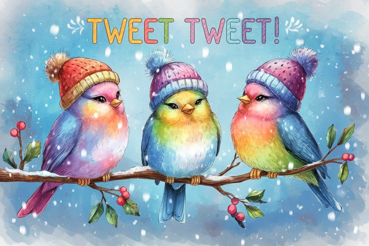 Rainbow Birds in Winter Knit Caps