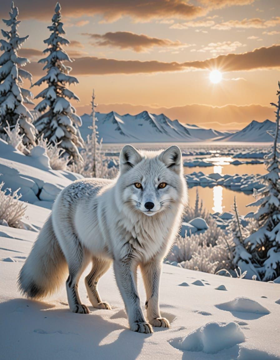 Winter Arctic Fox in Extreme Closeup with Snowy Landscape
