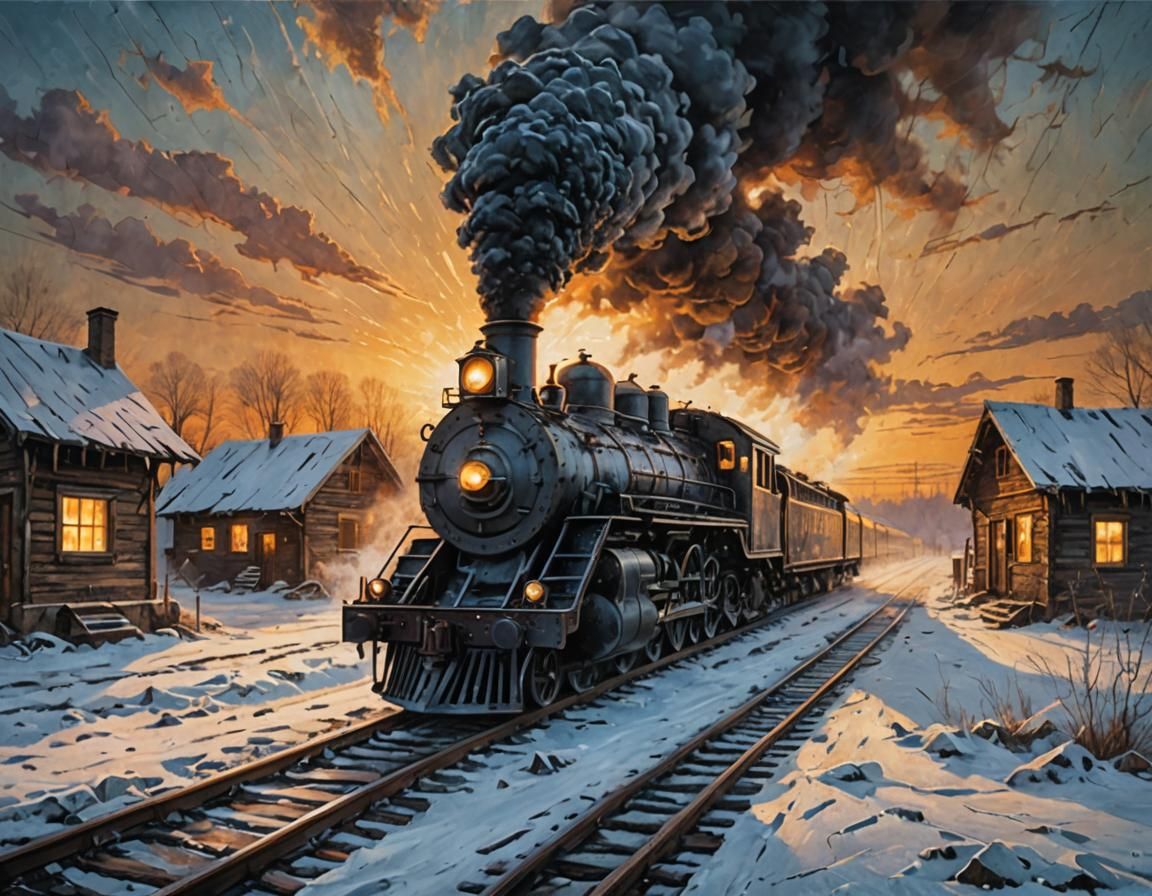 Steam Locomotive at Snowy Station: Acrylic Painting