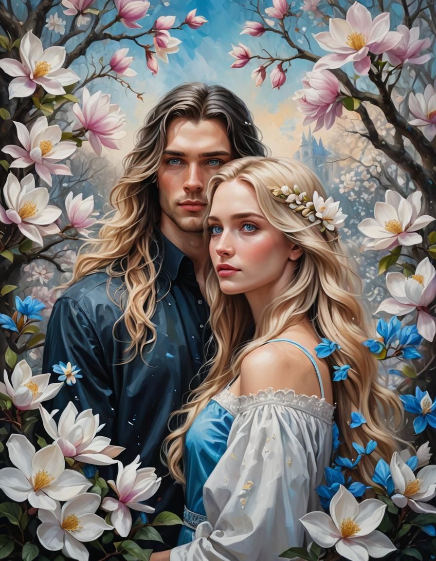 Romantic Couple with Magnolias in Oil Painting Style