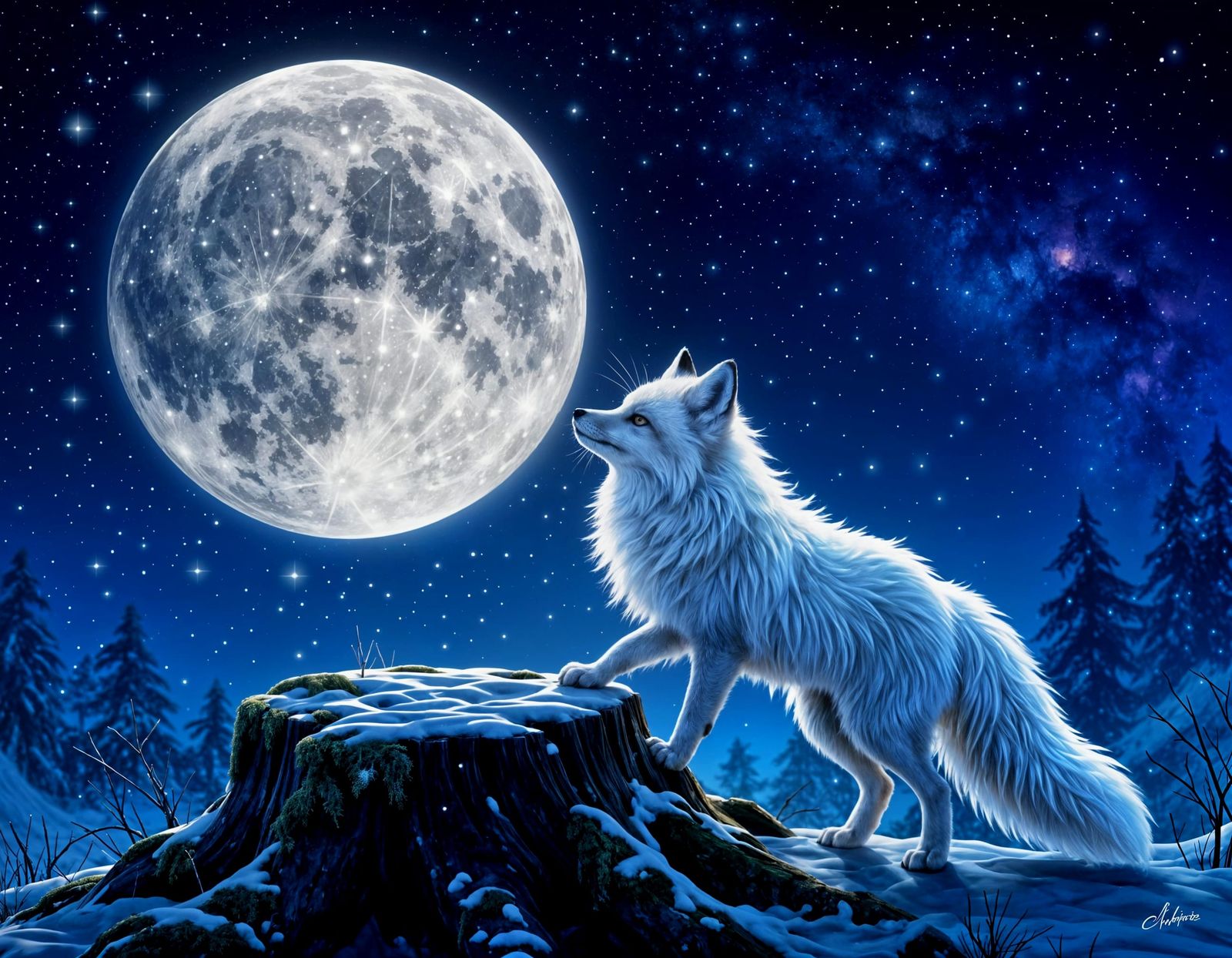 Cute snow-fox and moon