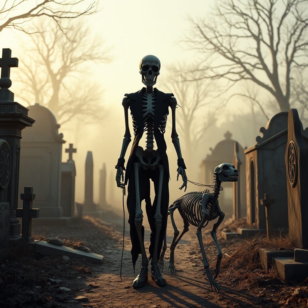 Skeletal Figure Walks Through Haunted Cemetery at Dusk