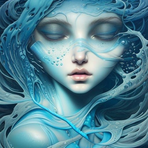 Surreal Woman Dissolving into Water, Fluid Acrylic Art