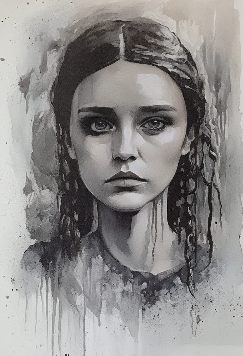 Goth Girl Portrait in High Contrast Impasto Style