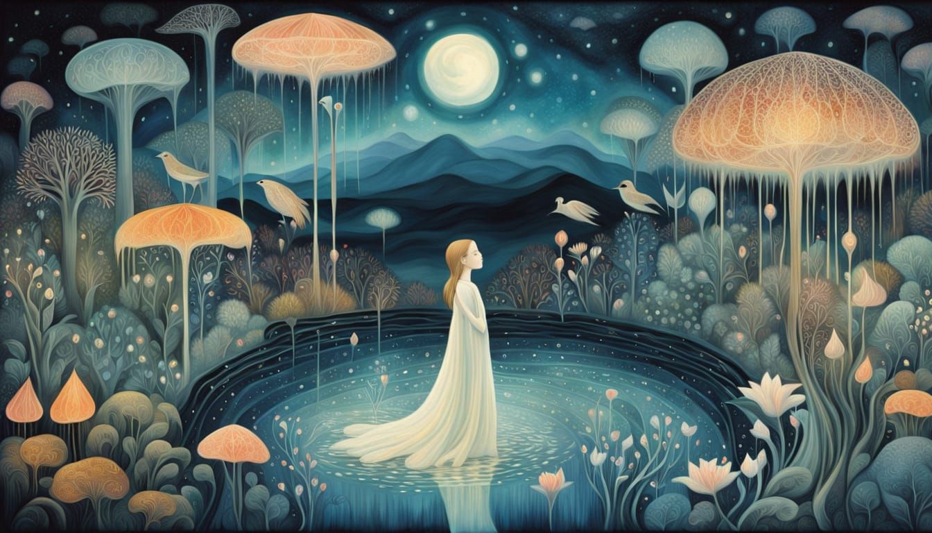 Ethereal Woman in Dreamlike Fantasy Landscape with Mystical ...