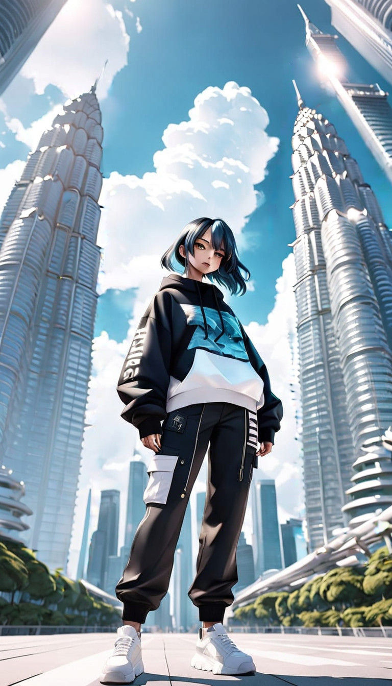 Surreal Anime-Inspired Girl in Modern Streetwear Poses in Fr...