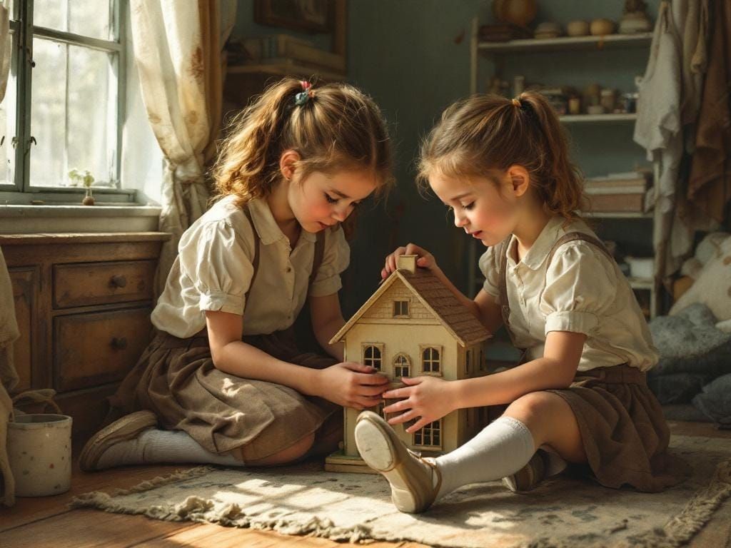 Girls Play in Cozy Room, Old Master Style