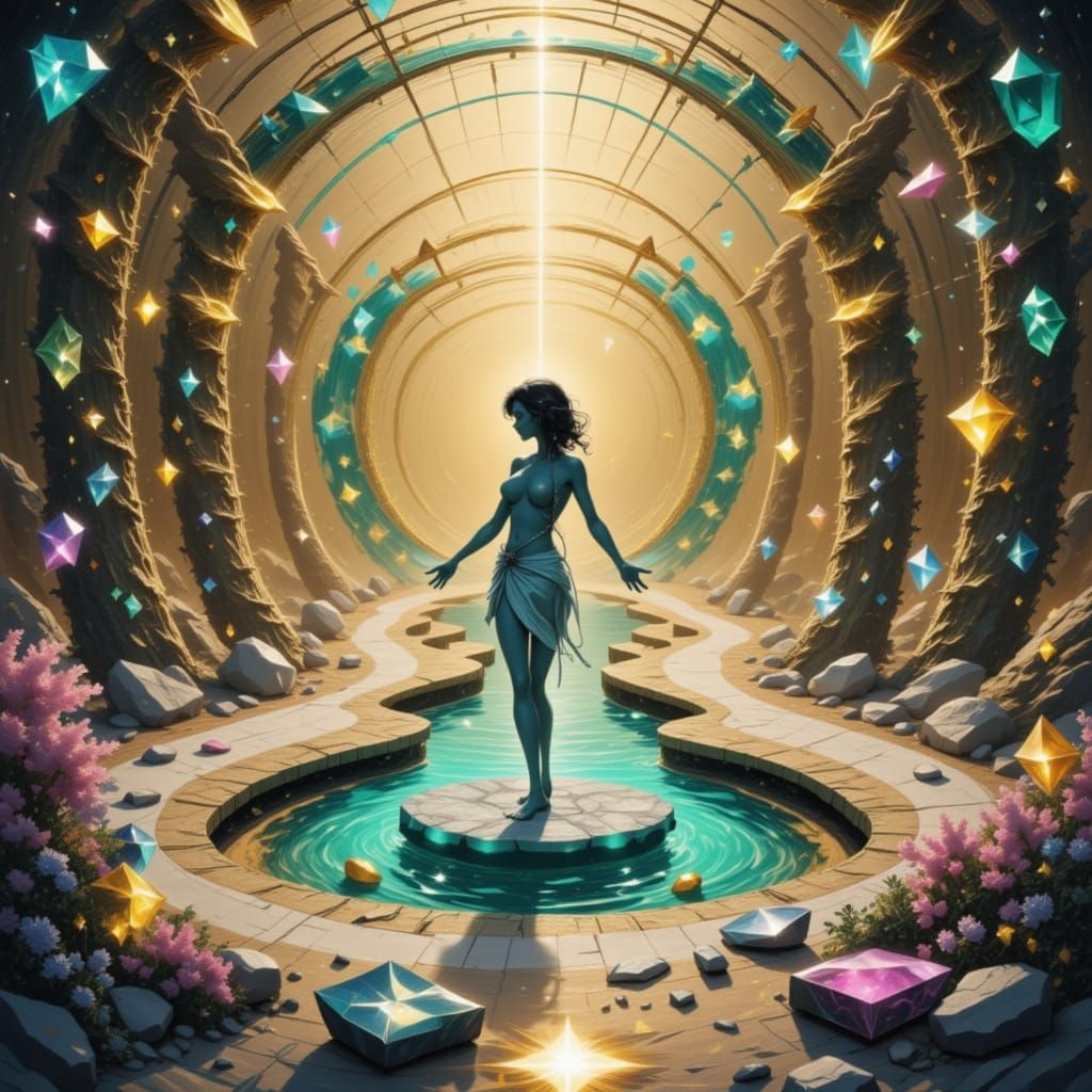 Desert oasis rebuilt to a crystal cavern fountain