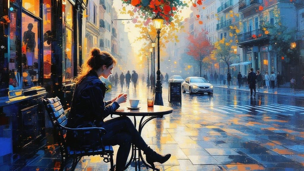 Woman at Cafe in Impressionist Wax Painting Style