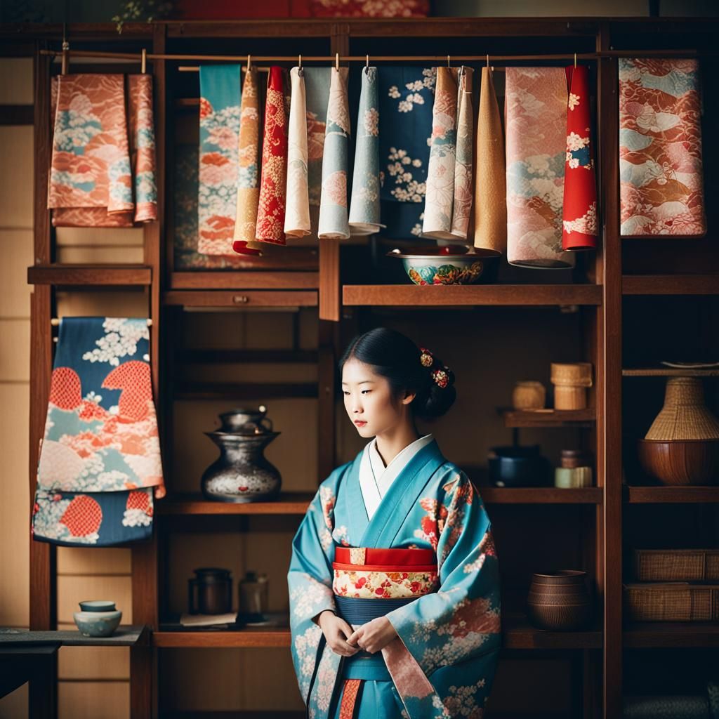 Serene Japanese Beauty in Kimono with Colorful Fabrics
