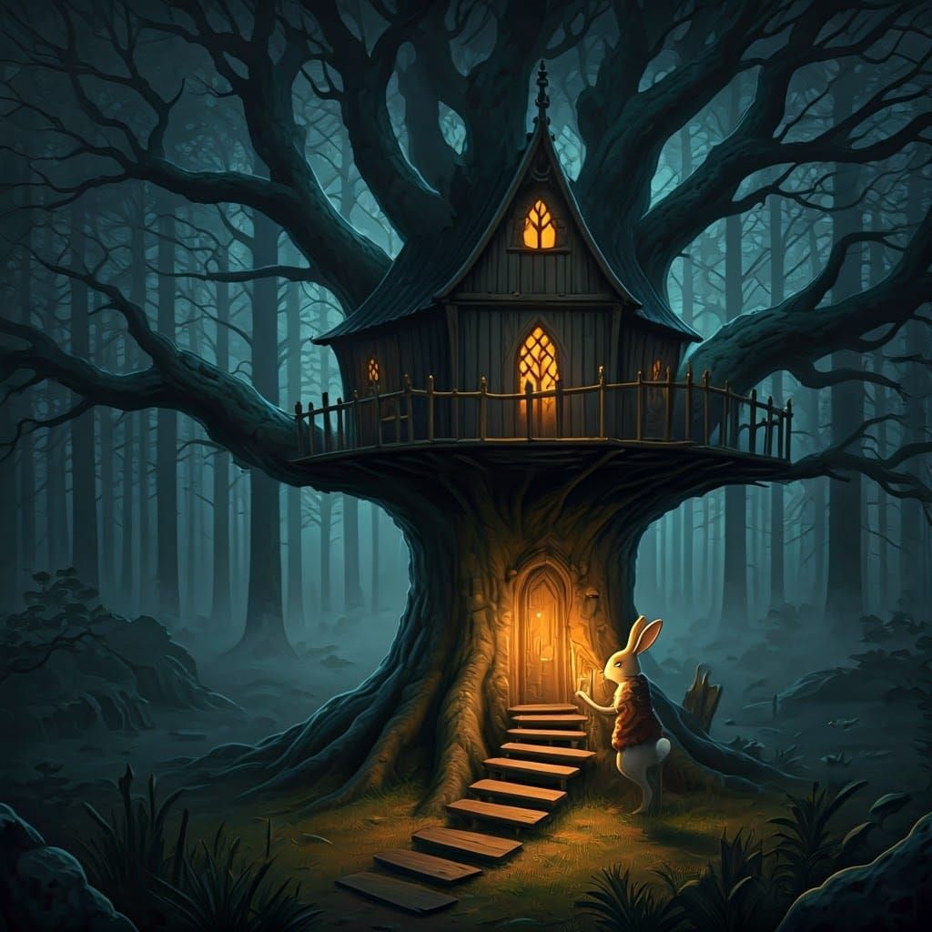 Gothic Rabbit's Treehouse Amidst Moody Fog