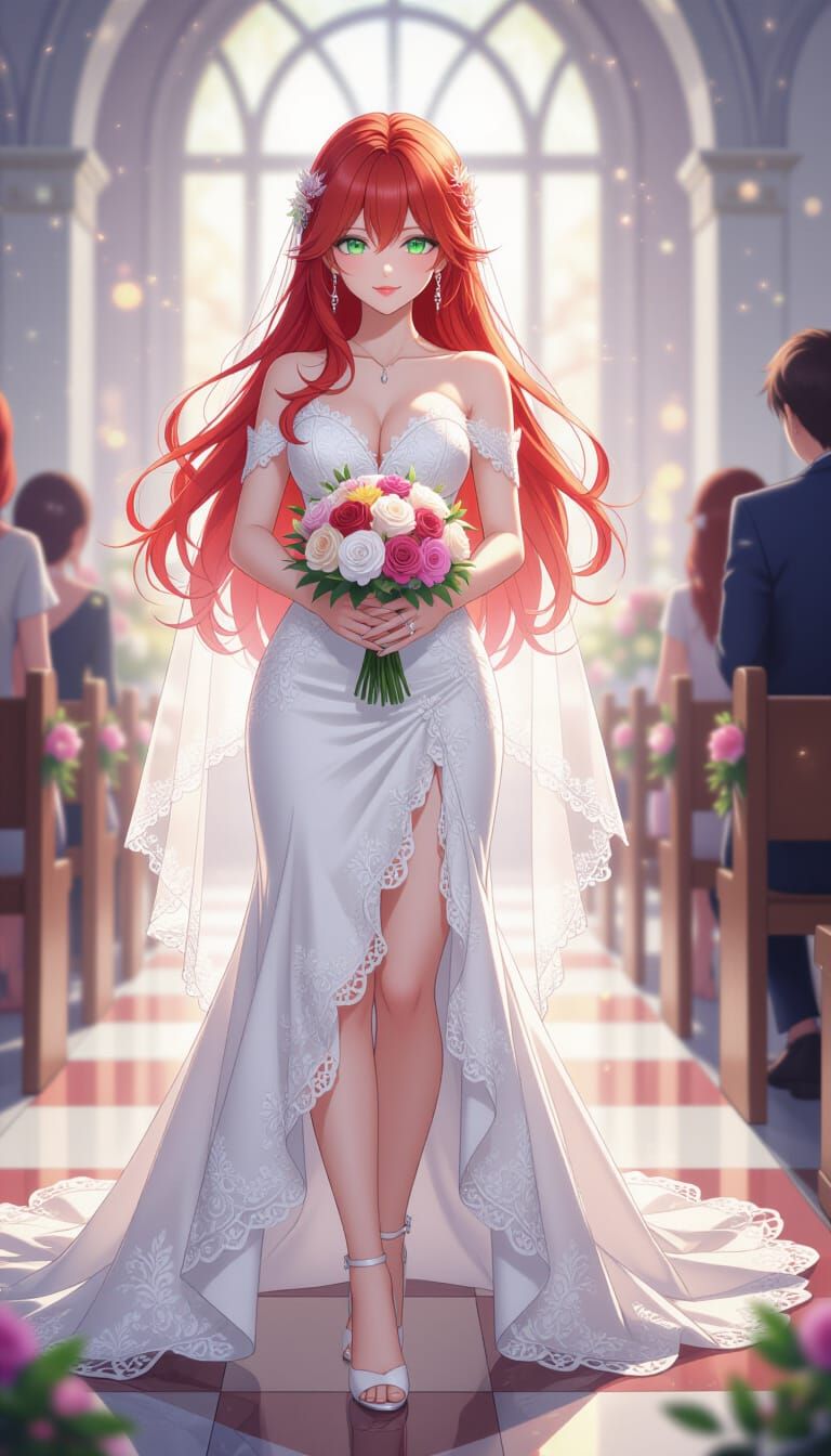 Japanese Bride in Wedding Chapel with Fiery Red Hair