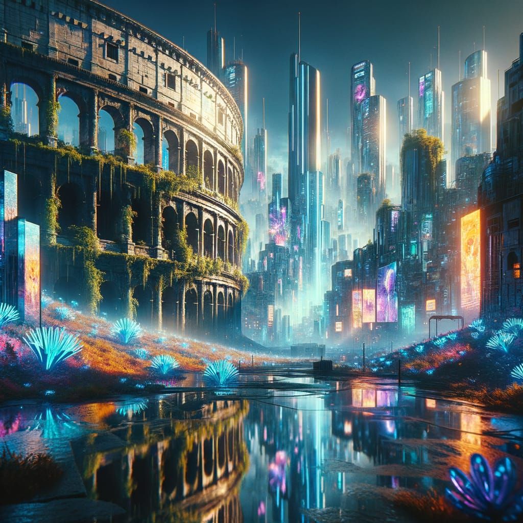 Cyberpunk Coliseum: Bioluminescent Ruins in a Neon Metropoli...