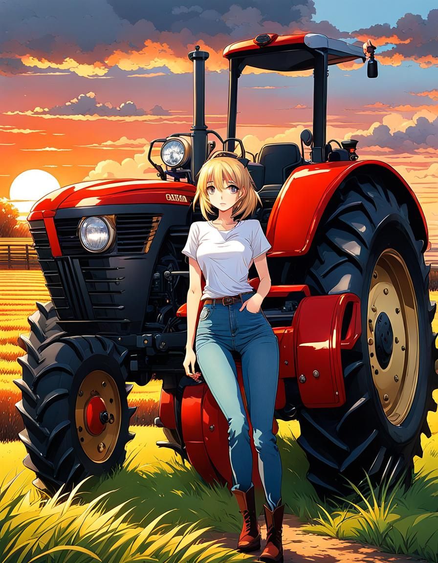 Hyperdetailed anime-style art, Anime girl on farm, big red tractor , huntdog ,she wears  white t-shirt, jeans and boots ...