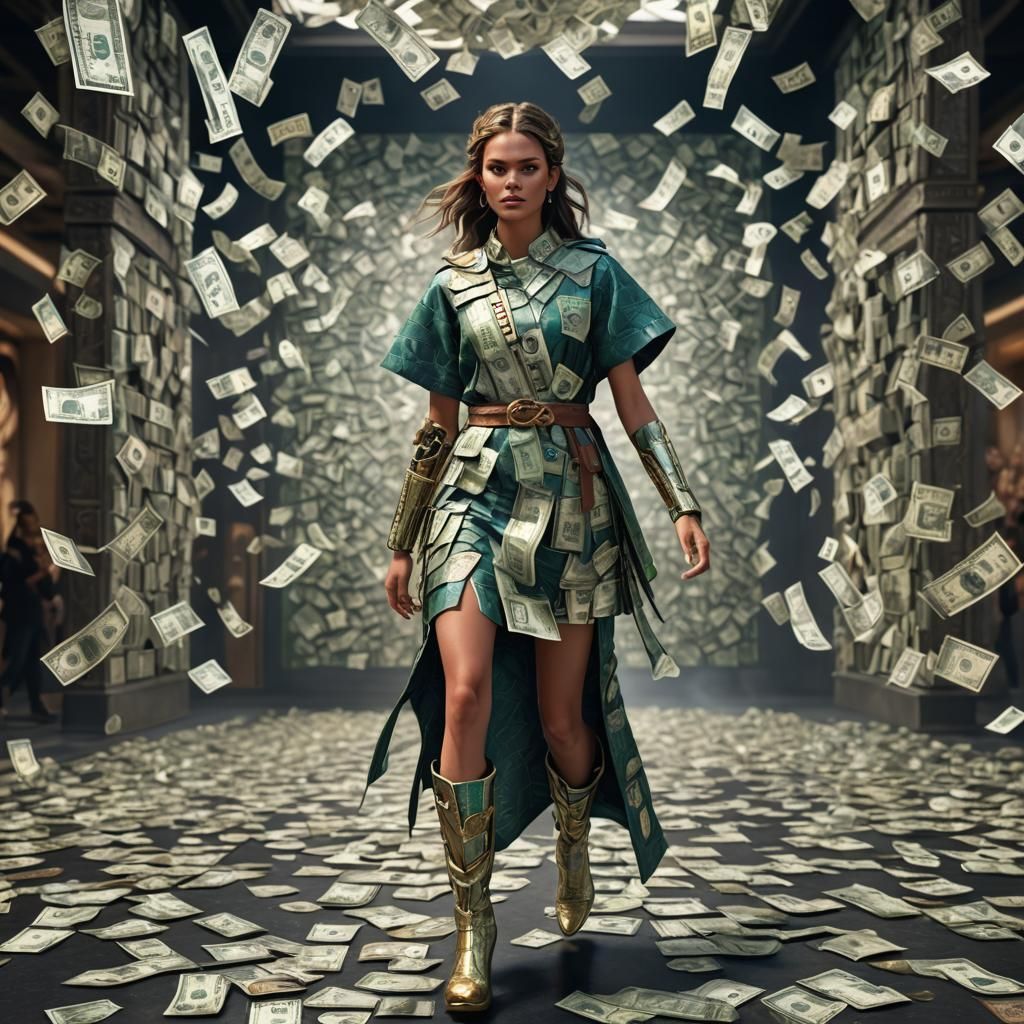 Model on Runway in Dollar Bill Tunic